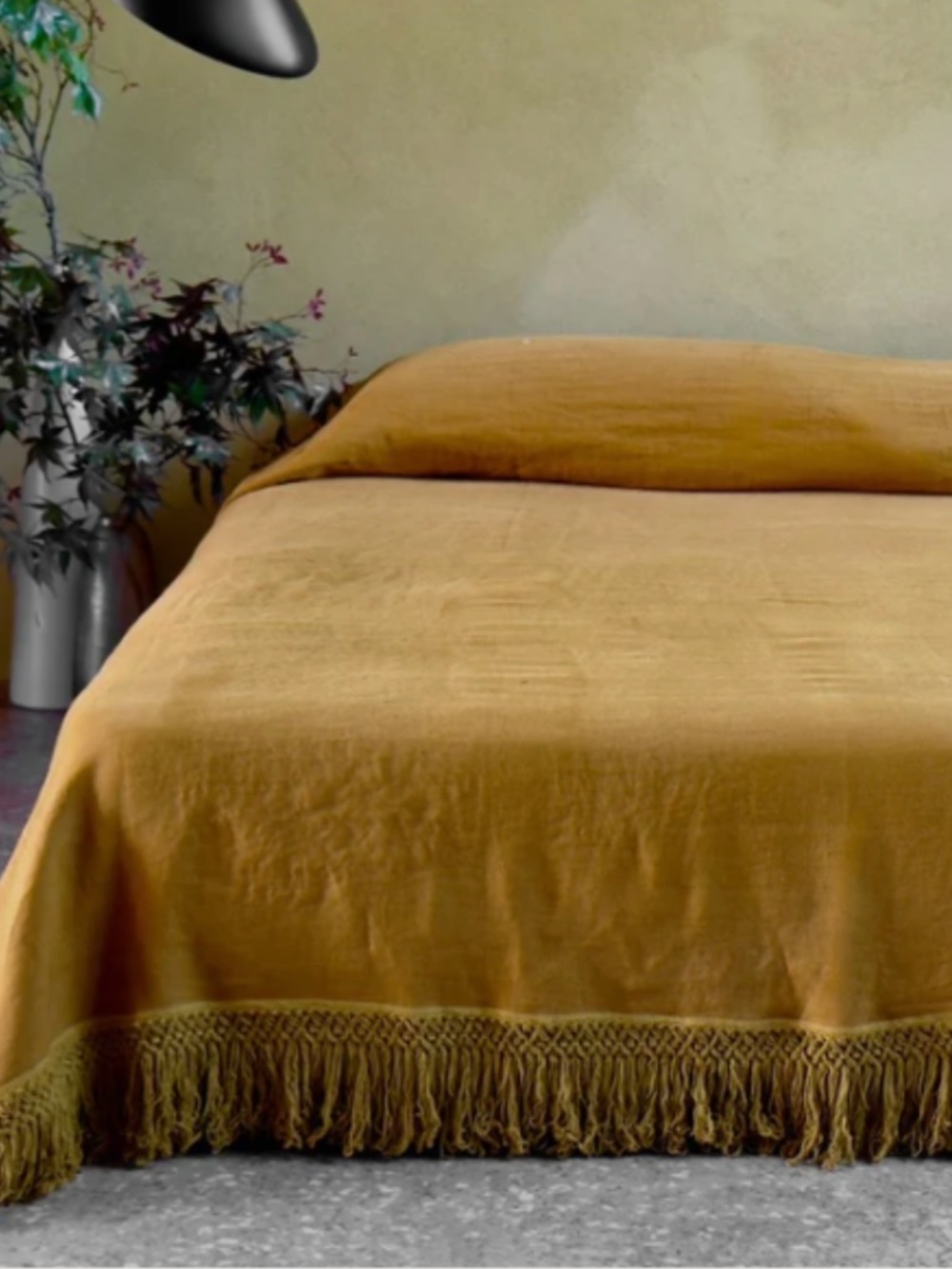 Once Milano Linen Bed Cover w/Extra Long Fringe in Mustard Queen Originally $865